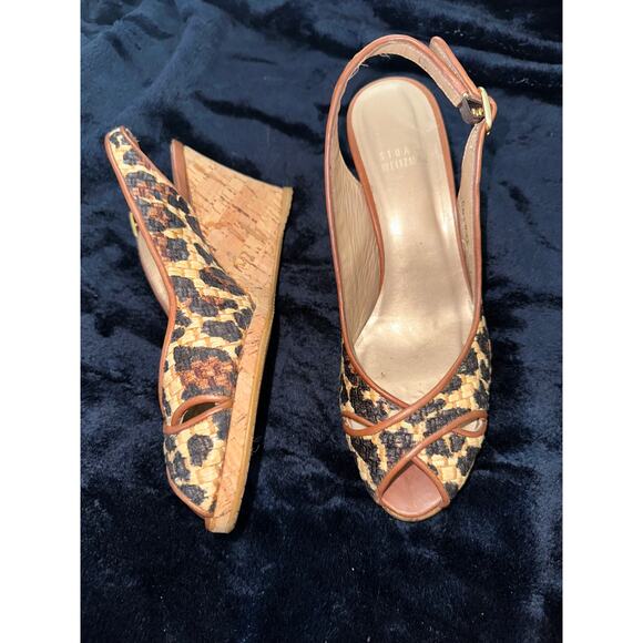 STUART WEITZMAN LEOPARD RAFFIA WEDGE SANDALS - Picture 1 of 8